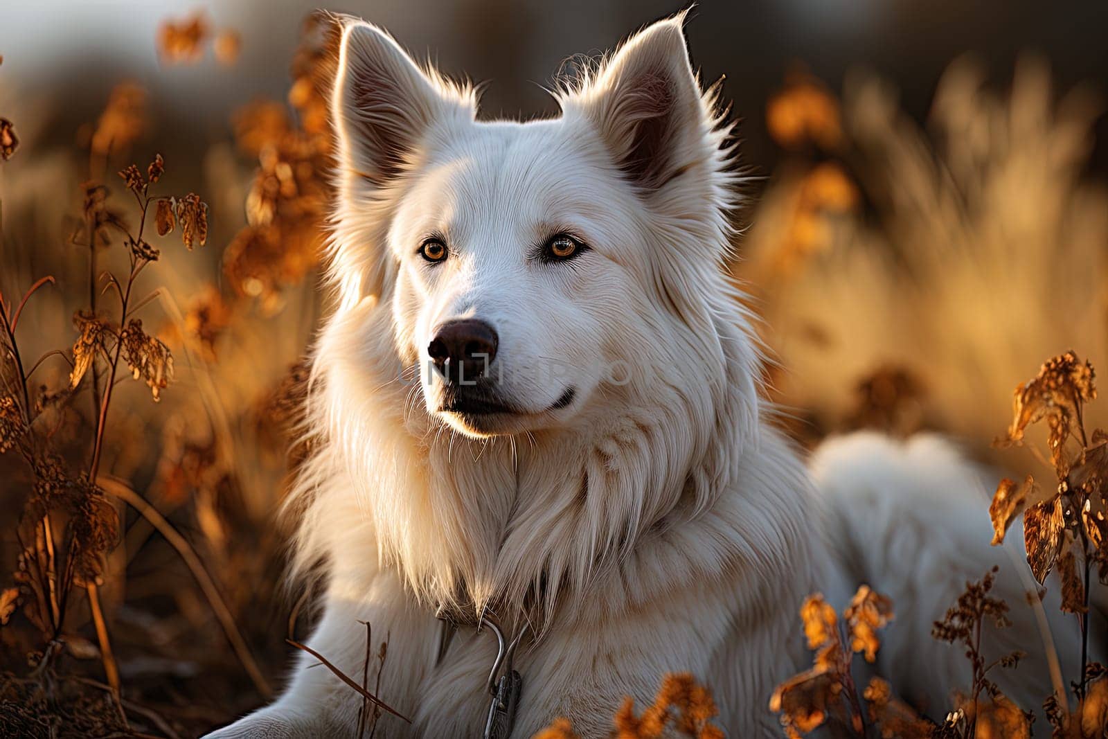 Portrait of white Swiss Shepherd dog on a nature, close up photo, morning light. Ai generative art