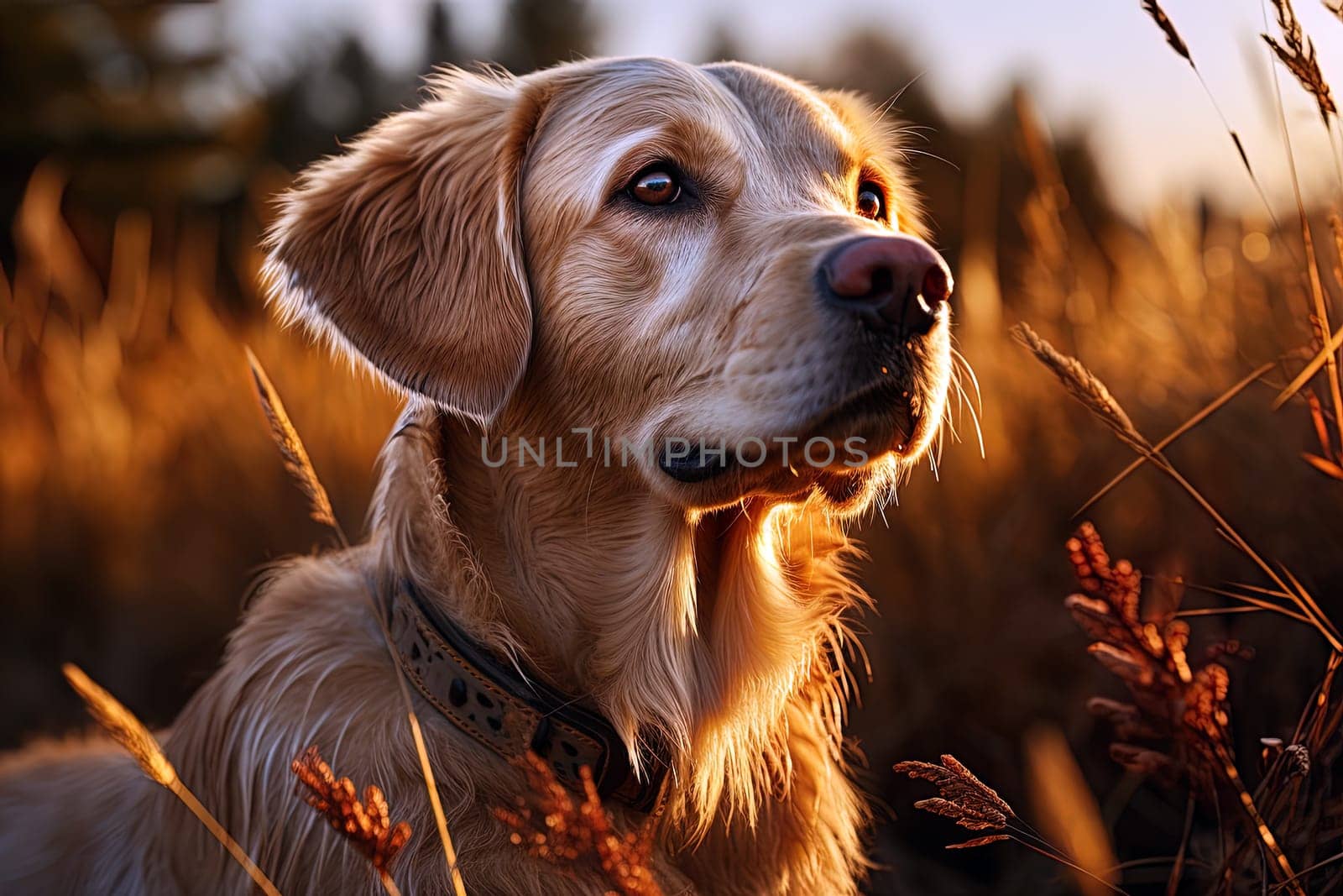 Portrait of a white Labrador retriever on a nature background, cropped photo, natural light. Ai generative art