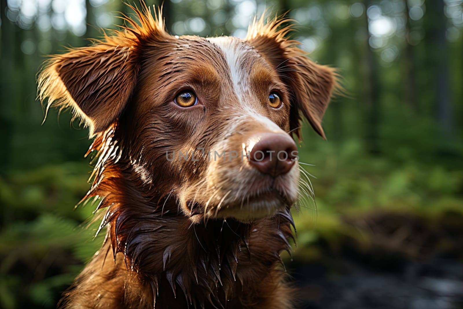 Portrait of Scotia Retriever on a nature background, close up cropped photo. Ai generative art