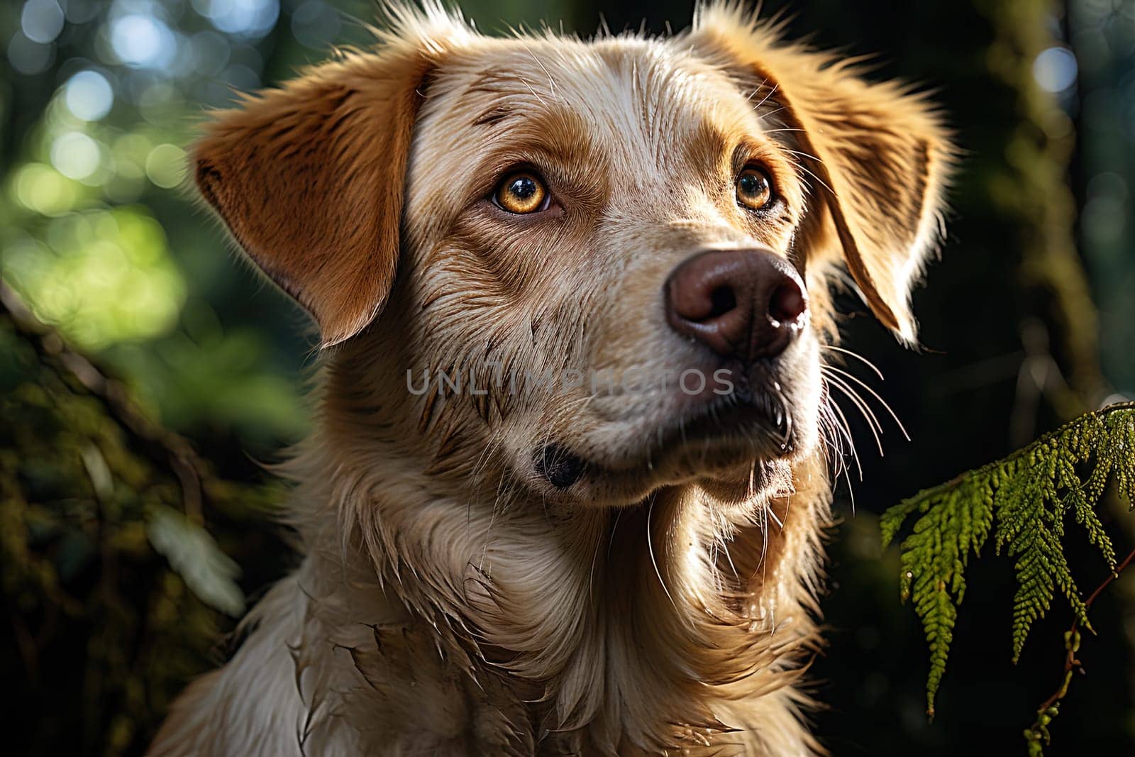 Portrait of a white Labrador retriever on a nature background, cropped photo, natural light. Ai generative art