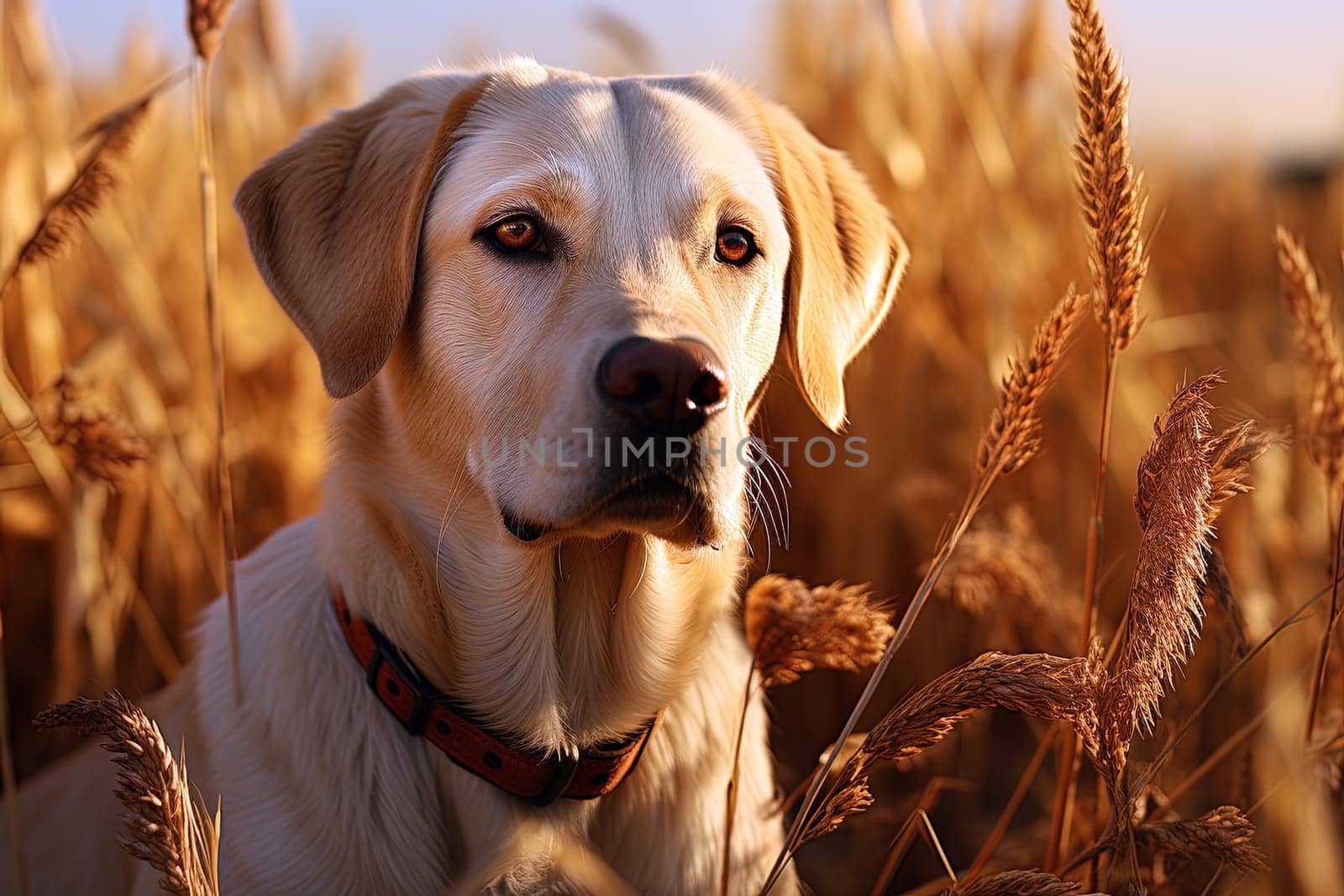 Portrait of a white Labrador retriever on a nature, cropped photo, natural light. Ai generative art