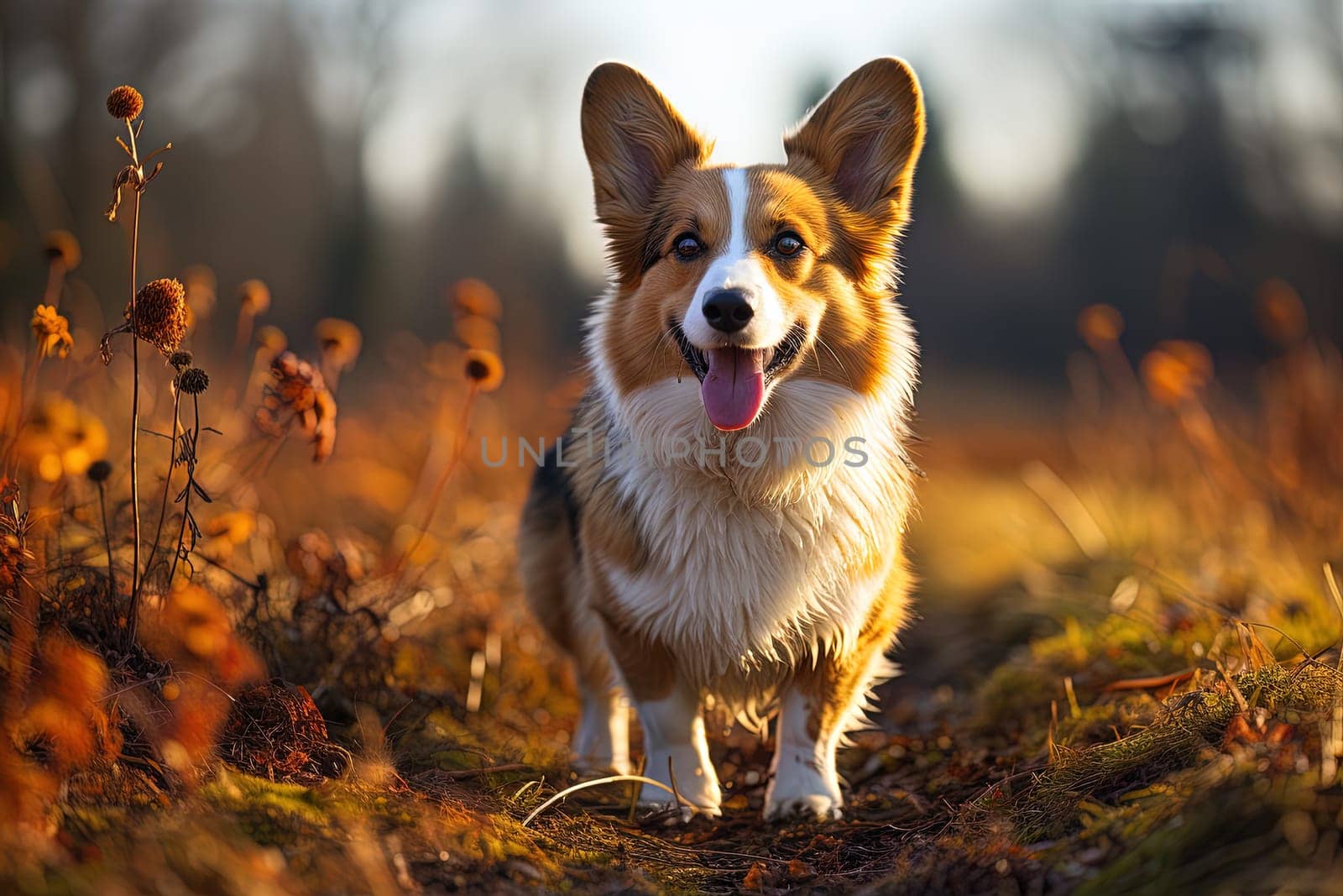 Portrait of Welsh Corgi cardigan on a autumn nature close up cropped photo. Ai generative art