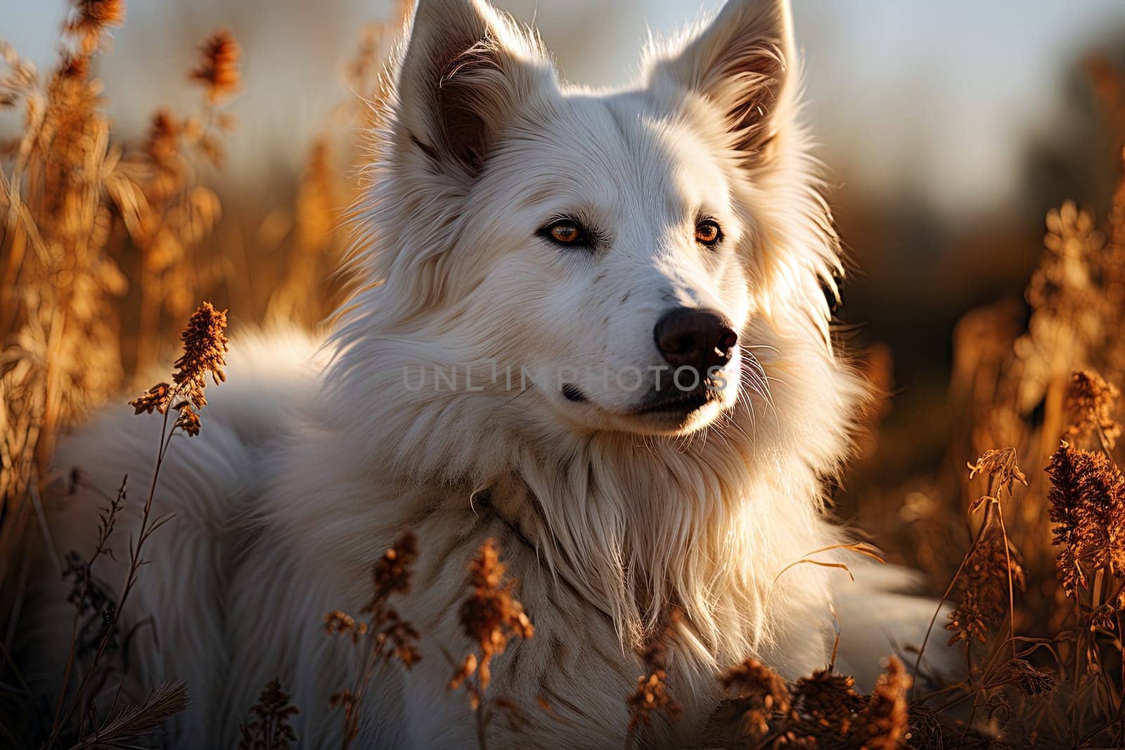 Portrait of white Swiss Shepherd dog on a nature, close up photo, morning light. Ai art by Dustick