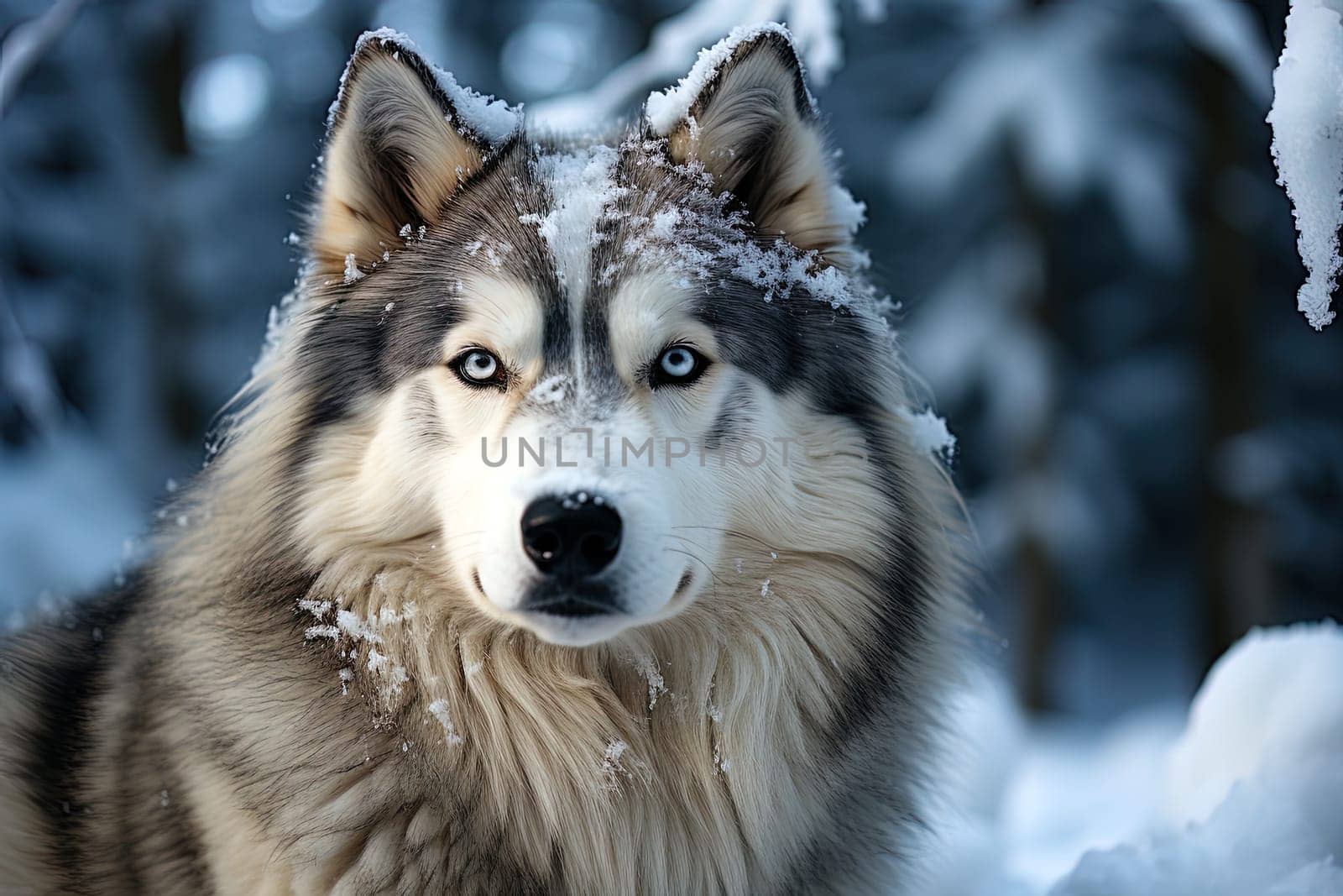 Alaskan Malamute on background of snow-covered forest Close-up photo, natural natural light. Ai generative art