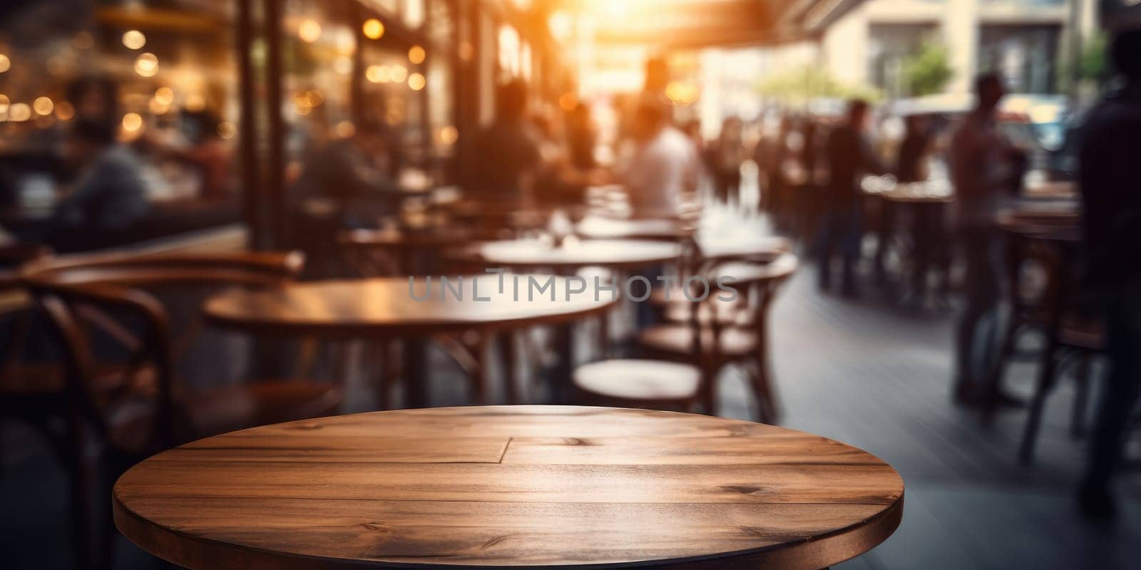Empty wooden at cafe with people blur background. For advertising. Generative AI by itchaznong