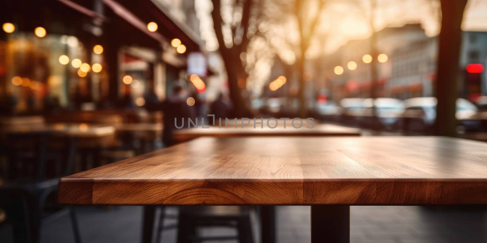 Empty wooden at cafe with people blur background. For advertising. Generative AI by itchaznong