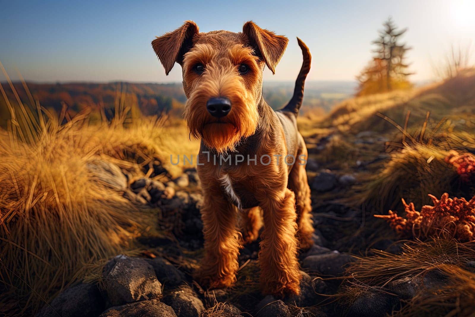 Portrait of Welsh Terrier on a nature, close up cropped photo. Ai generative art
