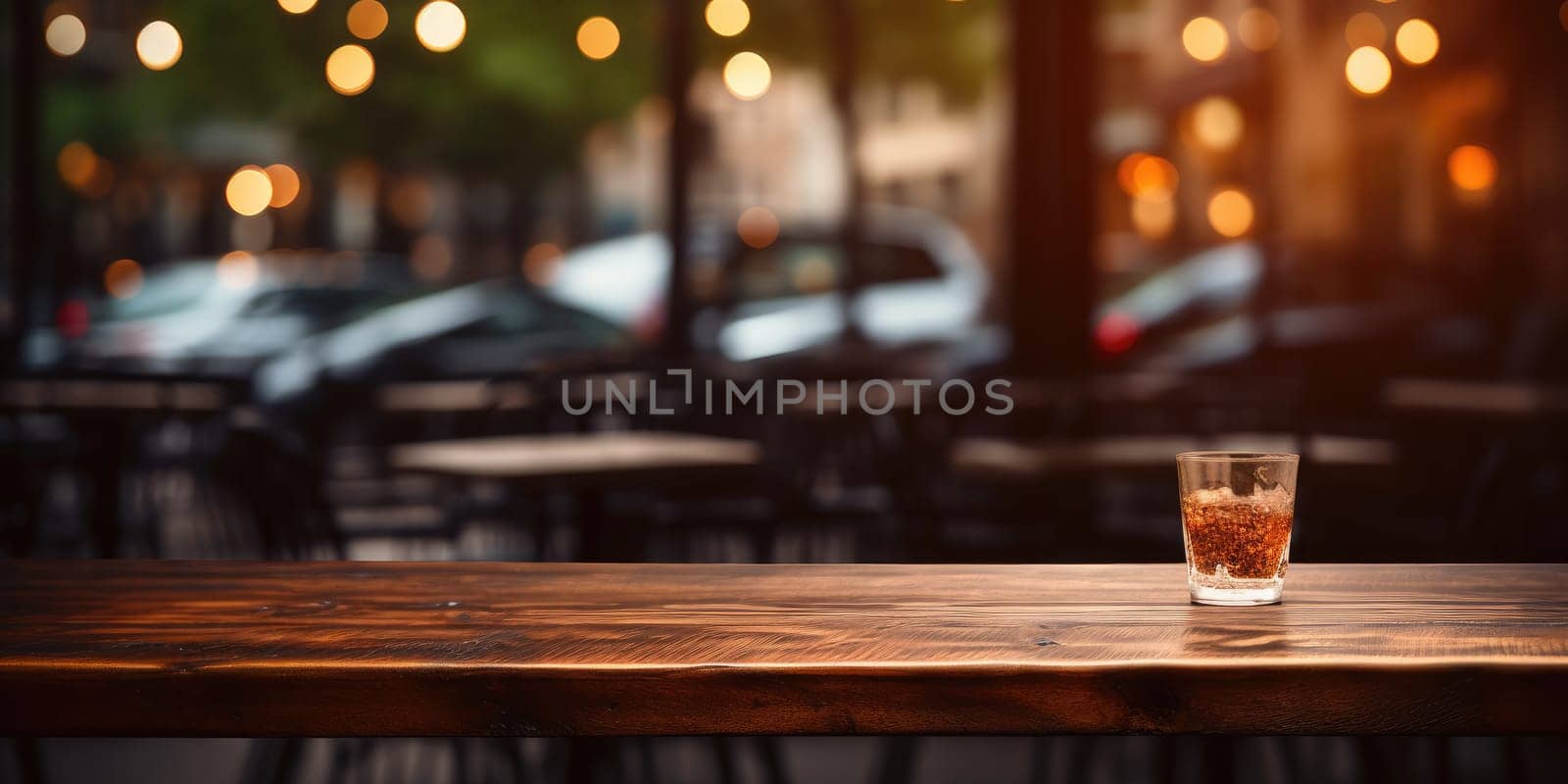 Empty wooden at cafe with people blur background. For advertising. Generative AI.