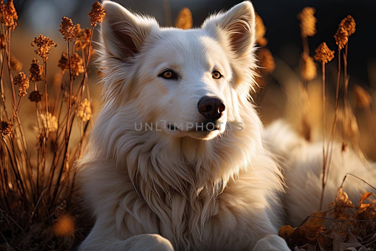 Portrait of white Swiss Shepherd dog on a nature, close up photo, morning light. Ai generative art