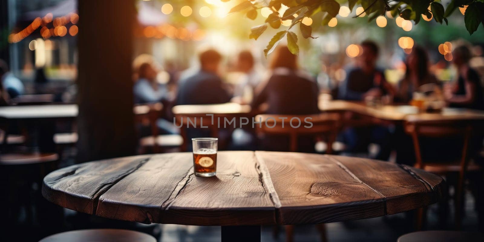 Empty wooden at cafe with people blur background. For advertising. Generative AI.