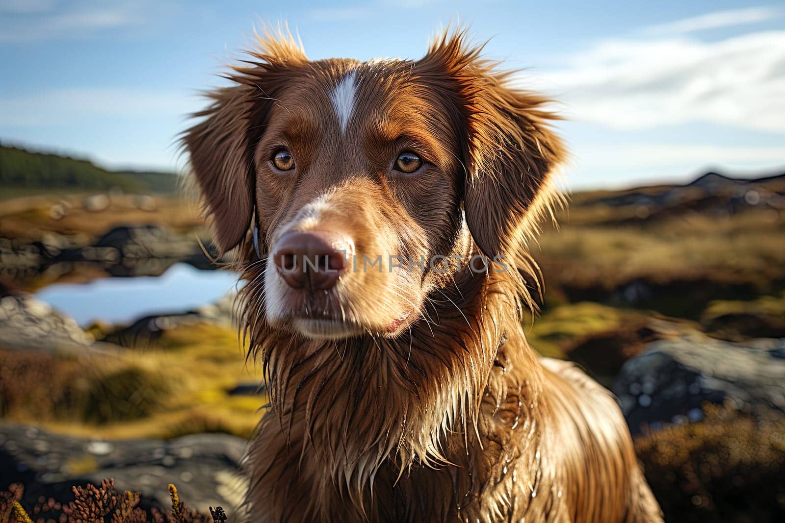 Portrait of Scotia Retriever on a nature background, close up cropped photo. Ai generative art