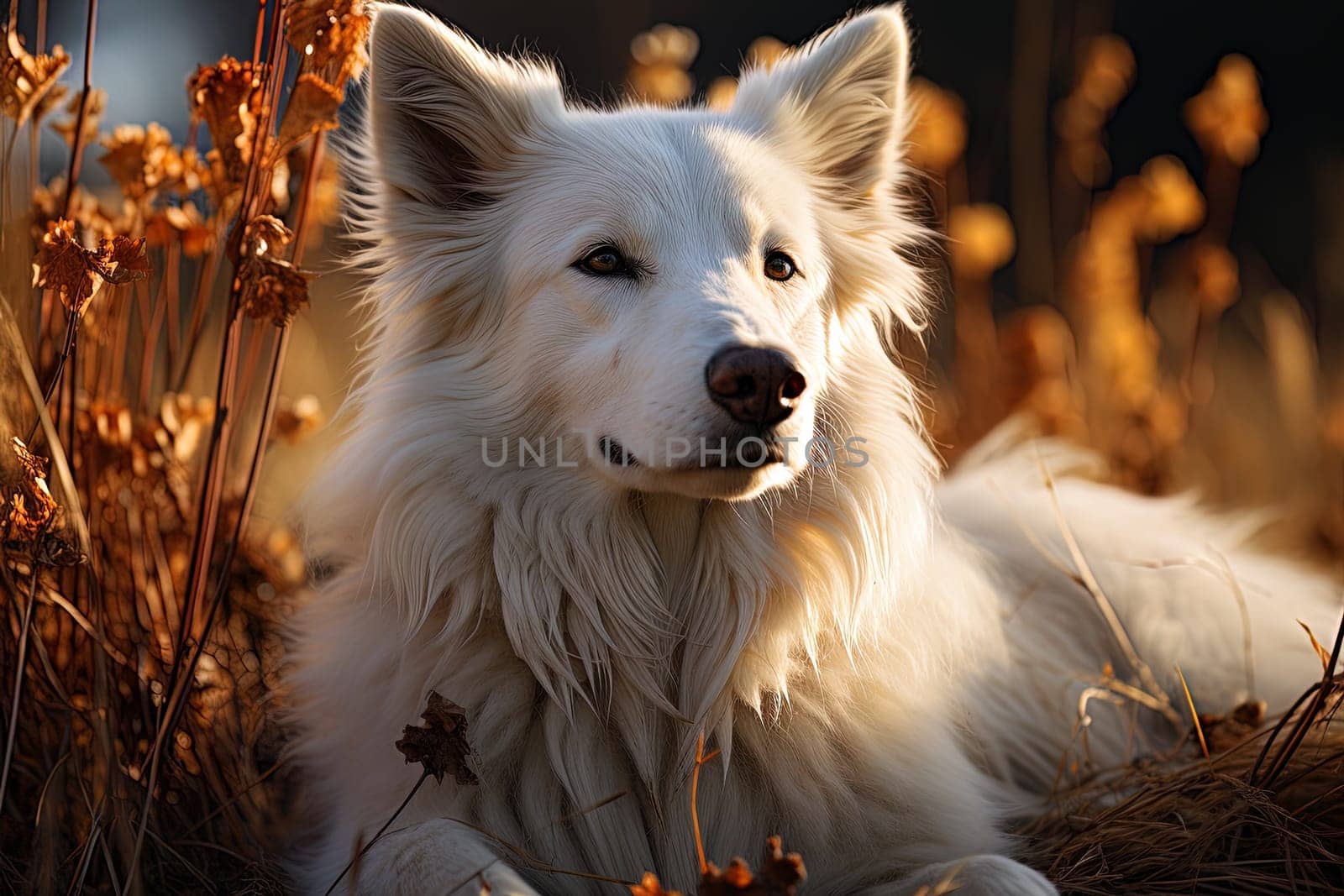 Portrait of white Swiss Shepherd dog on a nature, close up photo, morning light. Ai art by Dustick