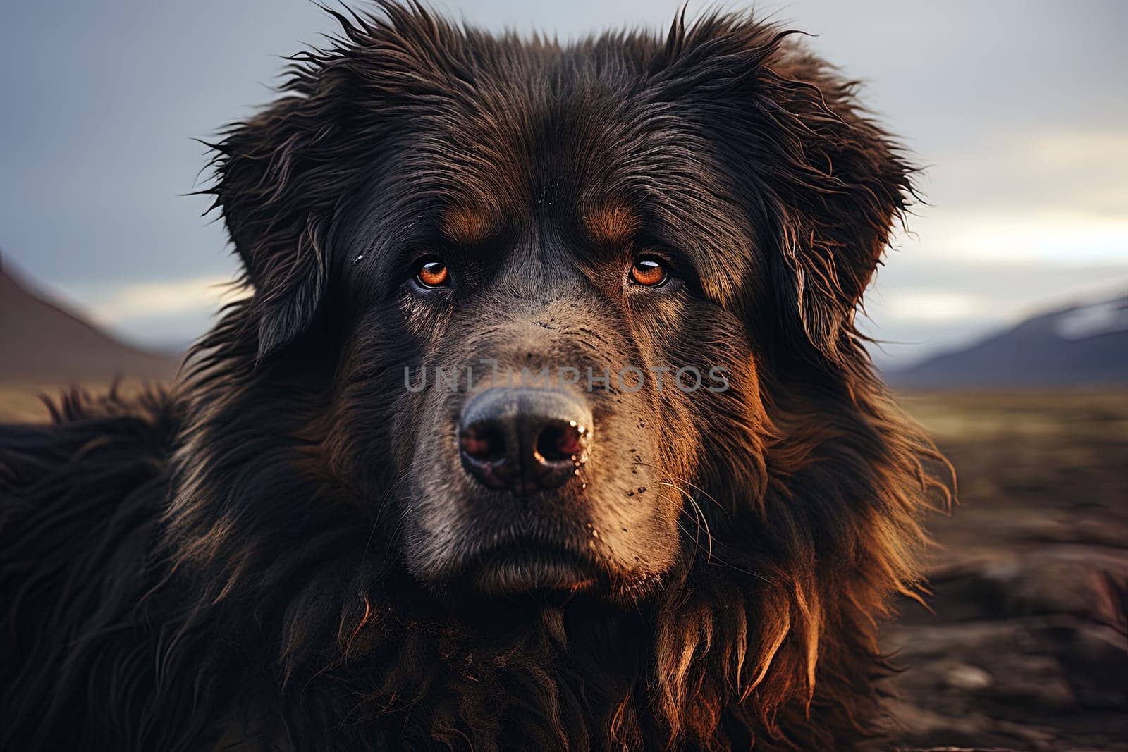 Portrait of Tibetan Mastiff on a nature background, close up cropped photo. Ai generative art