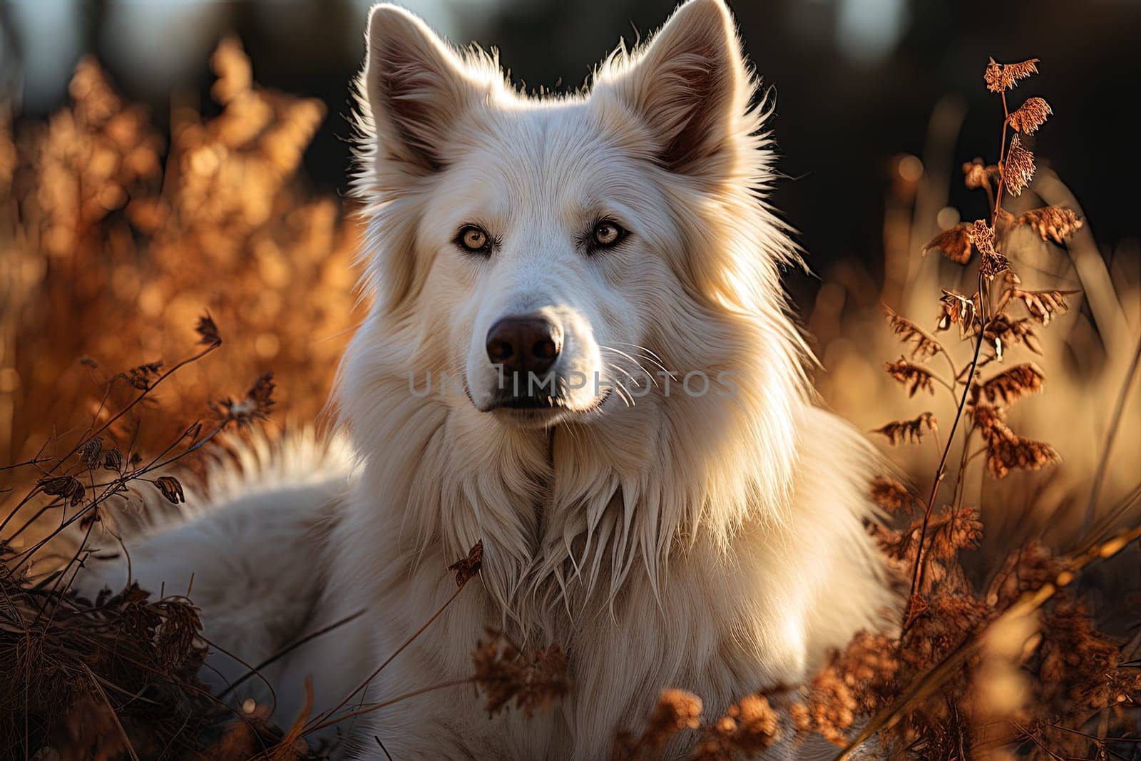 Portrait of white Swiss Shepherd dog on a nature, close up photo, morning light. Ai art by Dustick