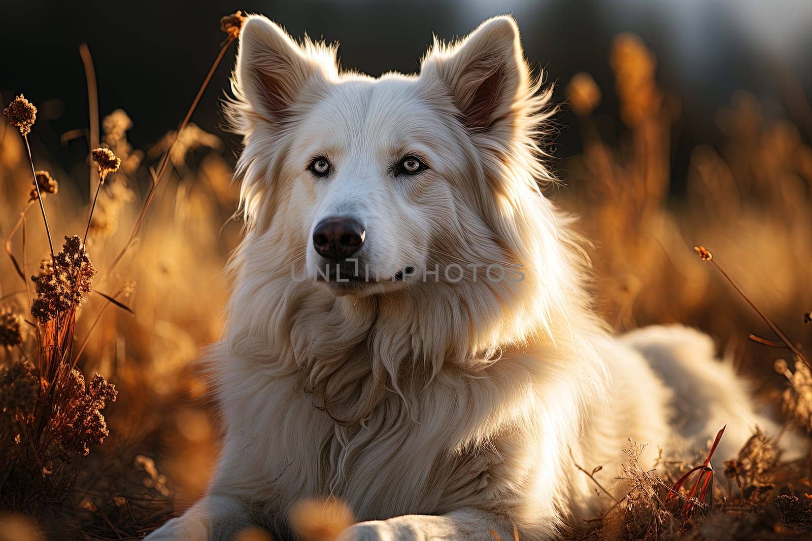 Portrait of white Swiss Shepherd dog on a nature, close up photo, morning light. Ai art by Dustick