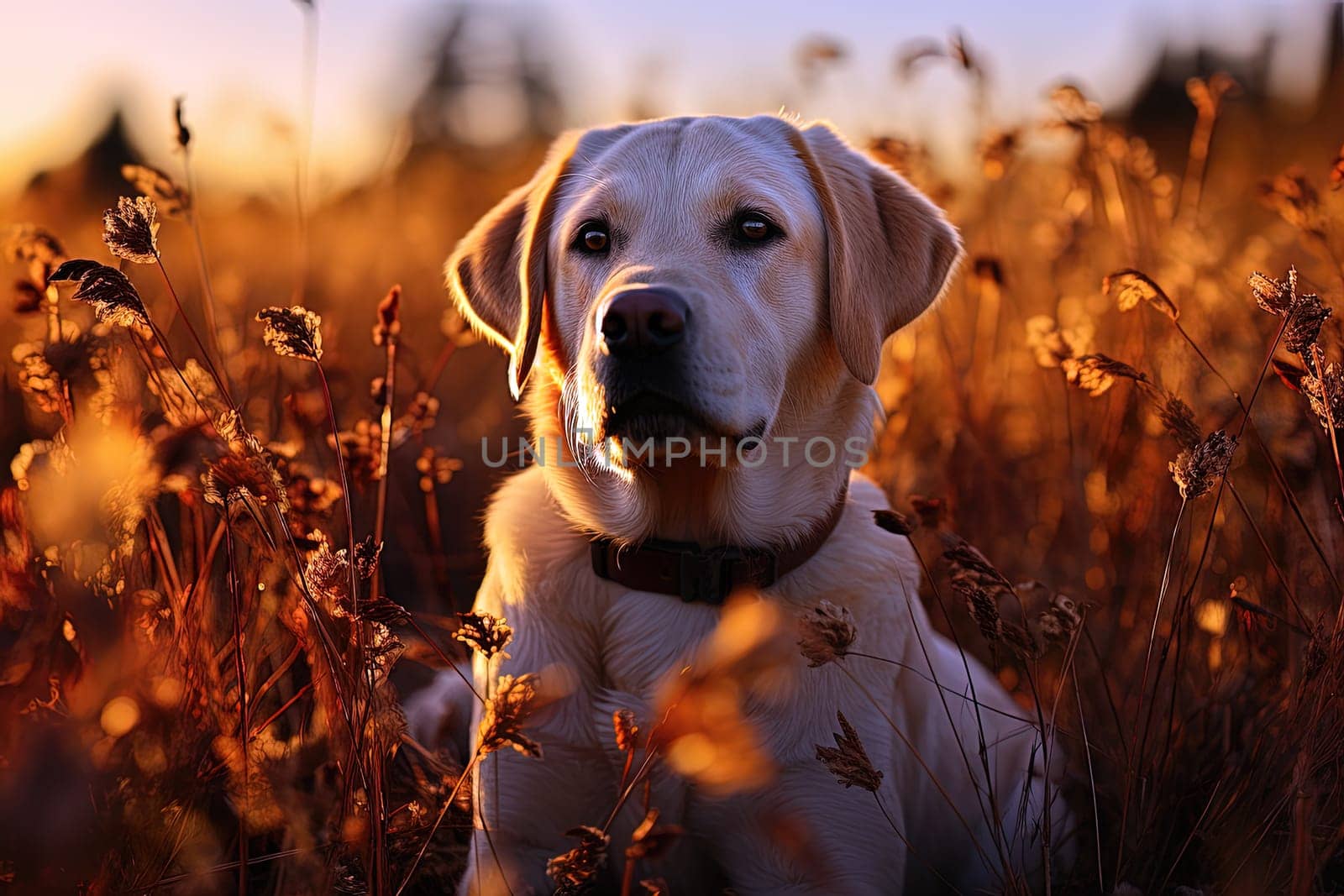 Portrait of a white Labrador retriever on a nature background, cropped photo, natural light. Ai generative art