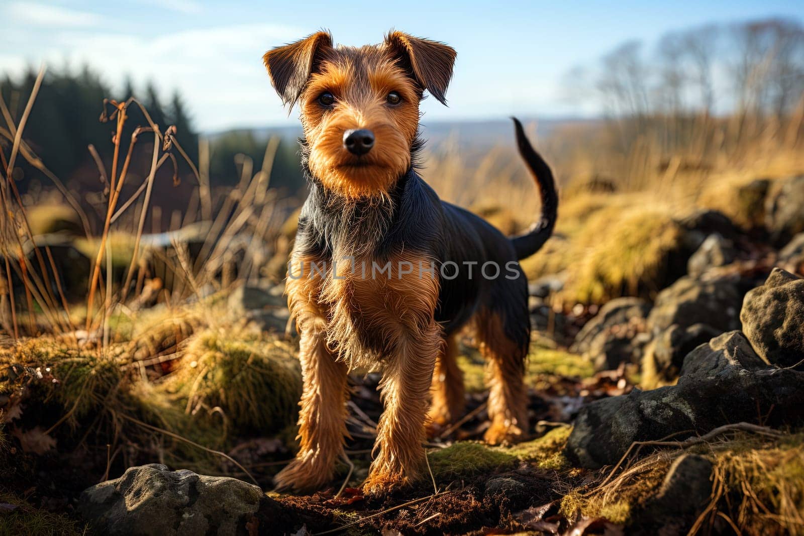 Portrait of Welsh Terrier on a nature, close up cropped photo. Ai generative art