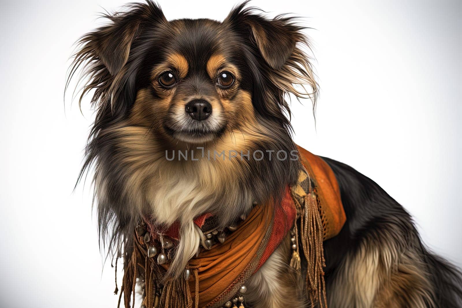 Portrait of Tibetan Spaniel on a white background, close up cropped photo. Ai generative art