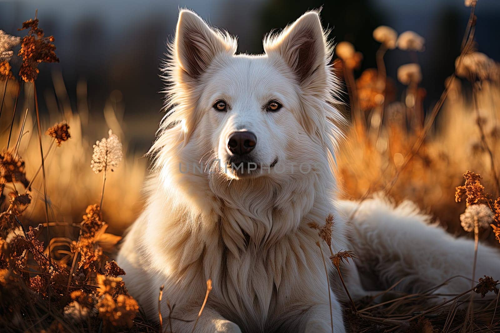 Portrait of white Swiss Shepherd dog on a nature, close up photo, morning light. Ai art by Dustick