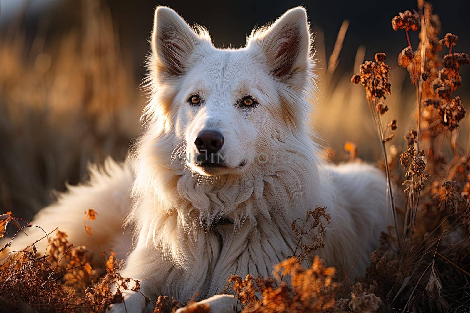 Portrait of white Swiss Shepherd dog on a nature, close up photo, morning light. Ai art by Dustick