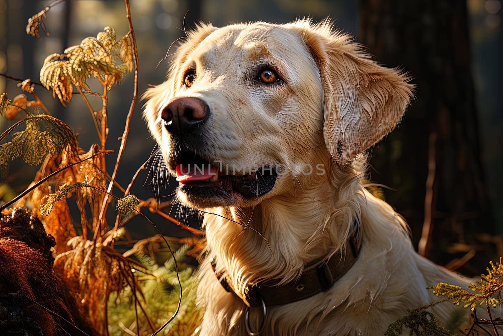 Portrait of a white Labrador retriever on a nature background, cropped photo, natural light. Ai generative art