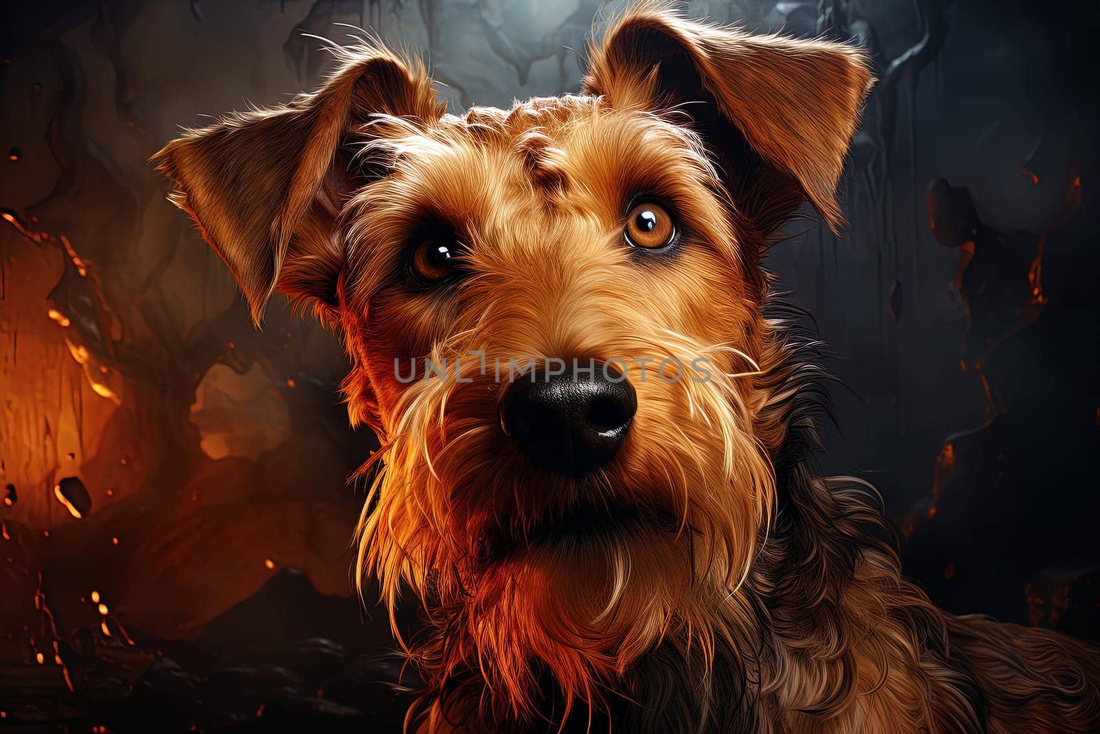Portrait of Welsh Terrier on a black background, close up cropped photo. Ai generative art