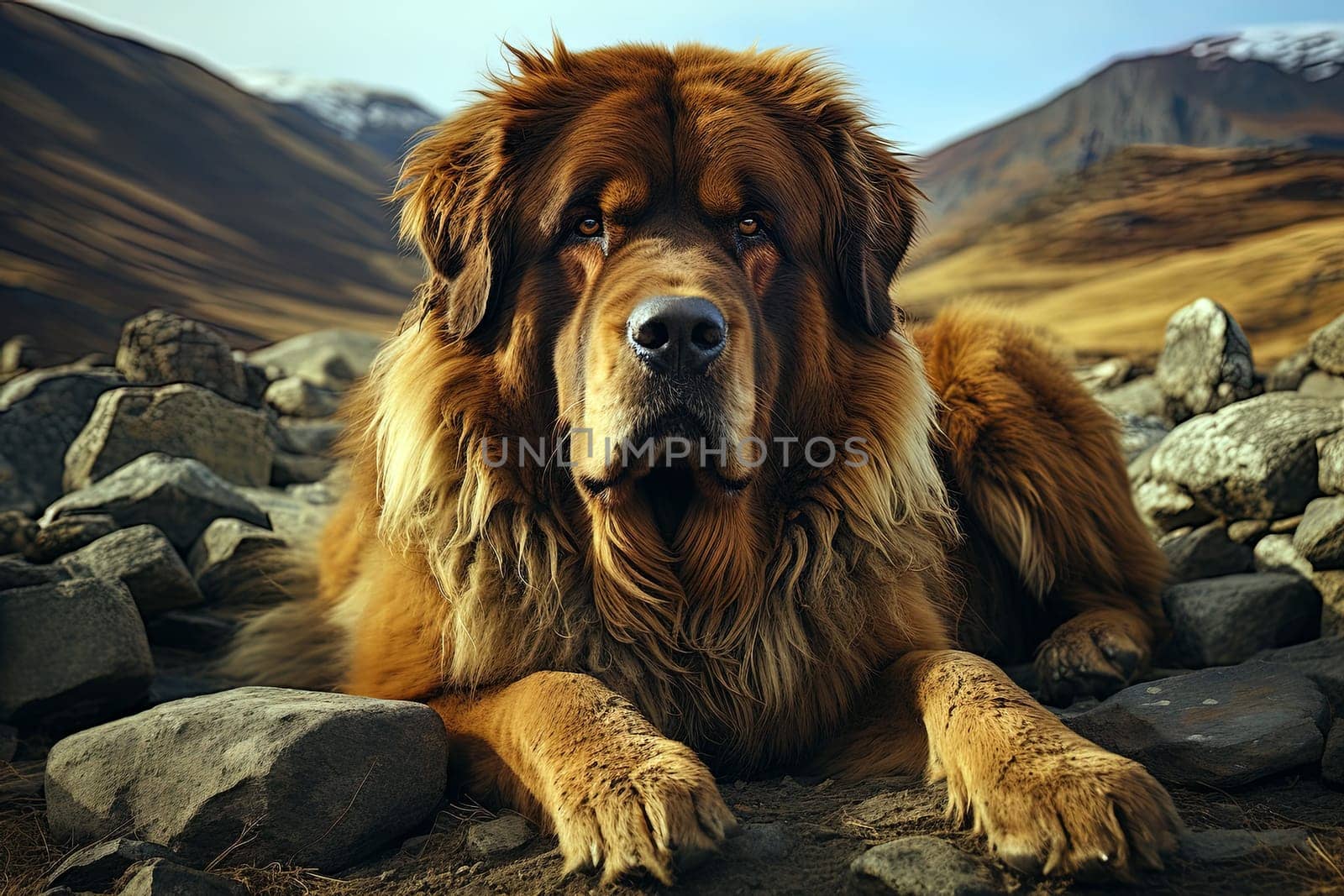 Portrait of Tibetan Mastiff on a nature background, close up cropped photo. Ai generative art