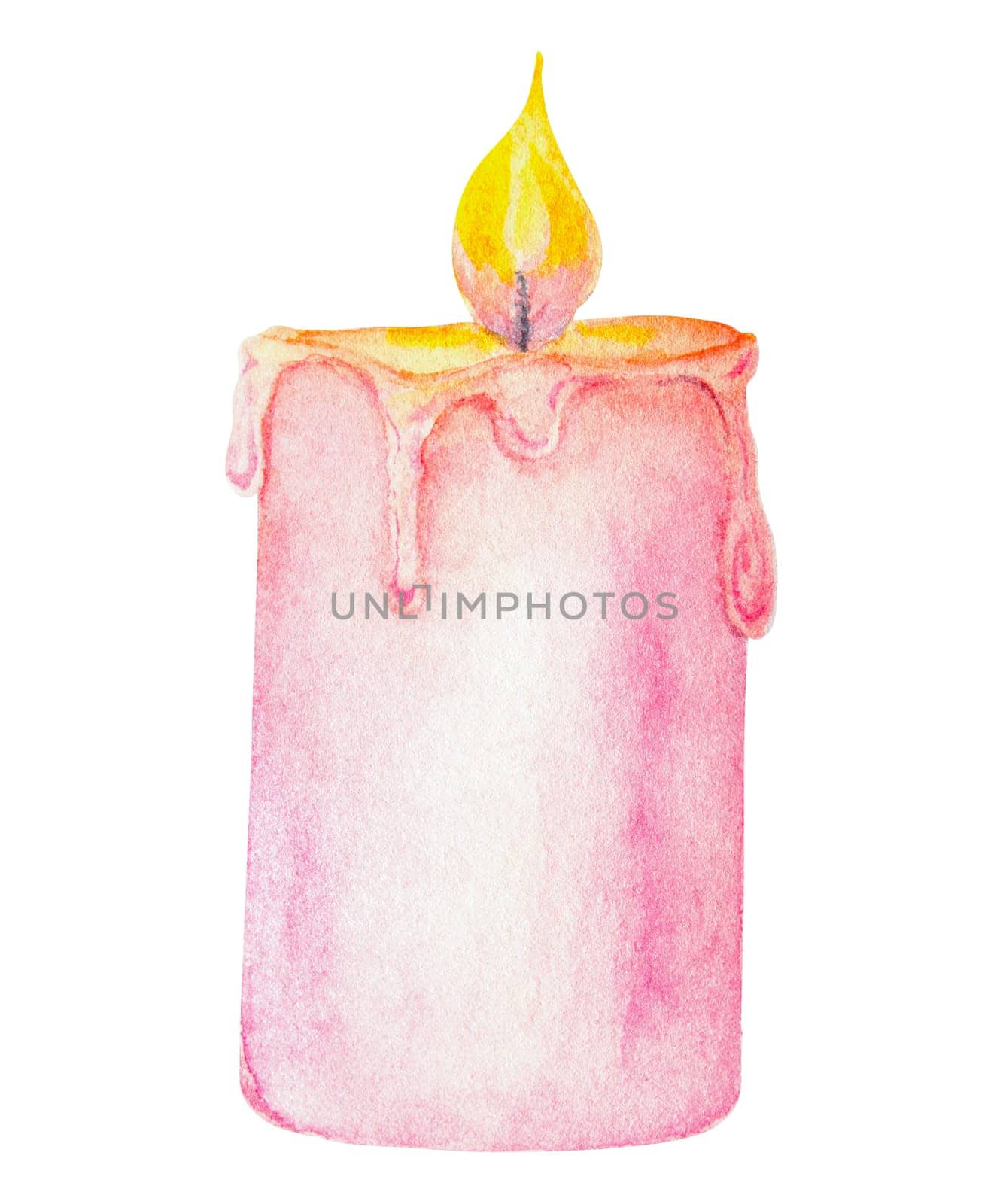 Pink burning wax candle. Hand drawn watercolor illustration. Good for event, Christmas and Happy New Year prints and decorations, invitations, cards, wedding designs. Romantic element of cozy interior.