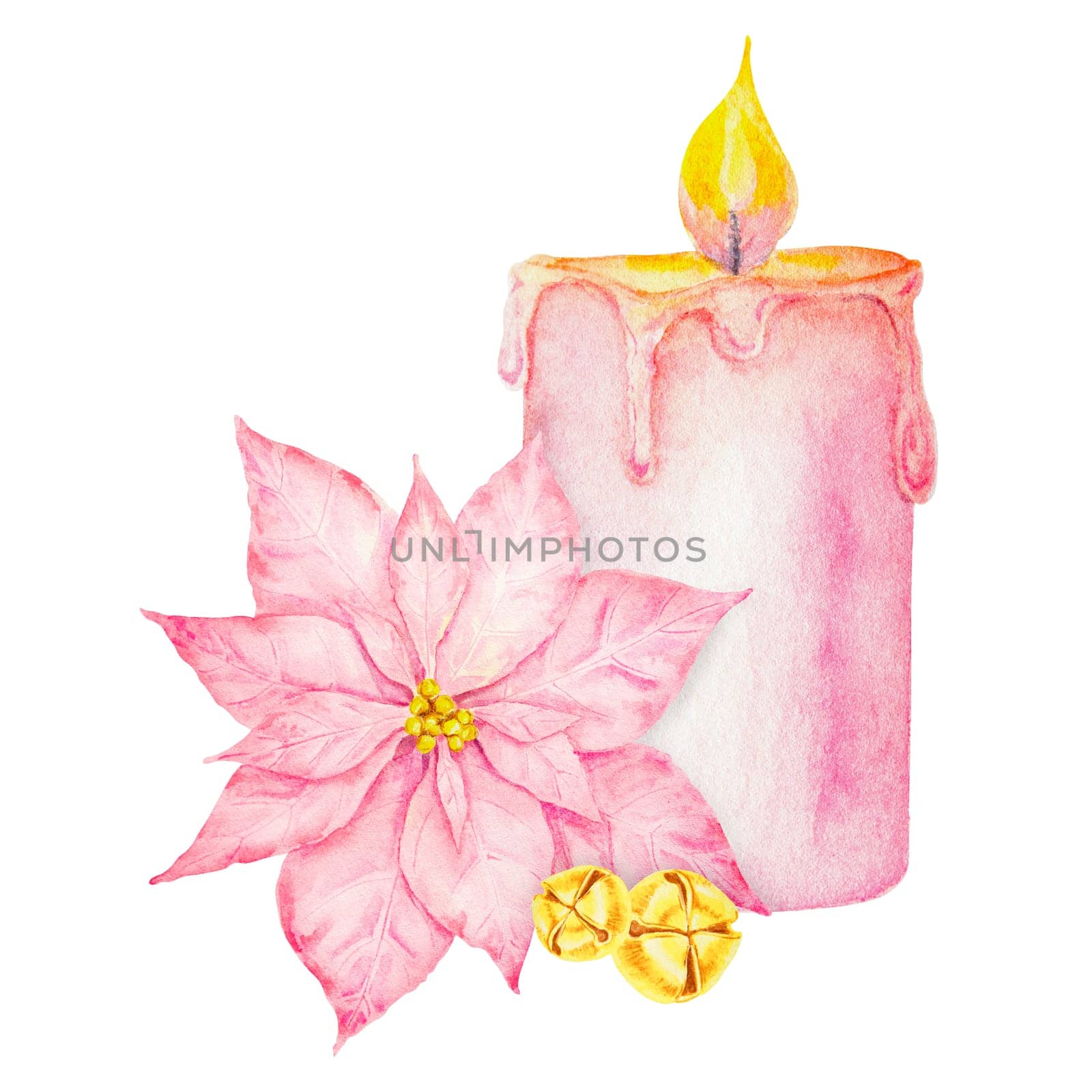 Pink burning wax candle. Hand drawn watercolor illustration. Good for event, Christmas and Happy New Year prints and decorations, invitations, cards, wedding designs. Romantic element of cozy interior.