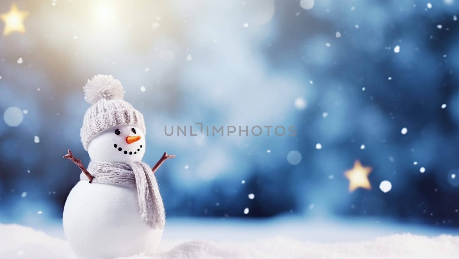 Snowman on the background of snow. Christmas background with a snowman rejoicing in the holiday. Space for text. High quality photo