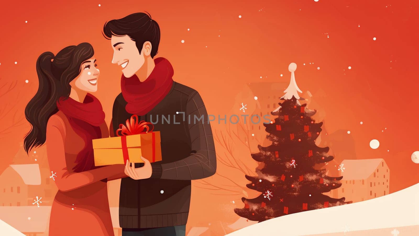 Photo a young couple is enjoying Christmas and hugging. Happy couple man and woman smiling and rejoicing in the new year. High quality photo