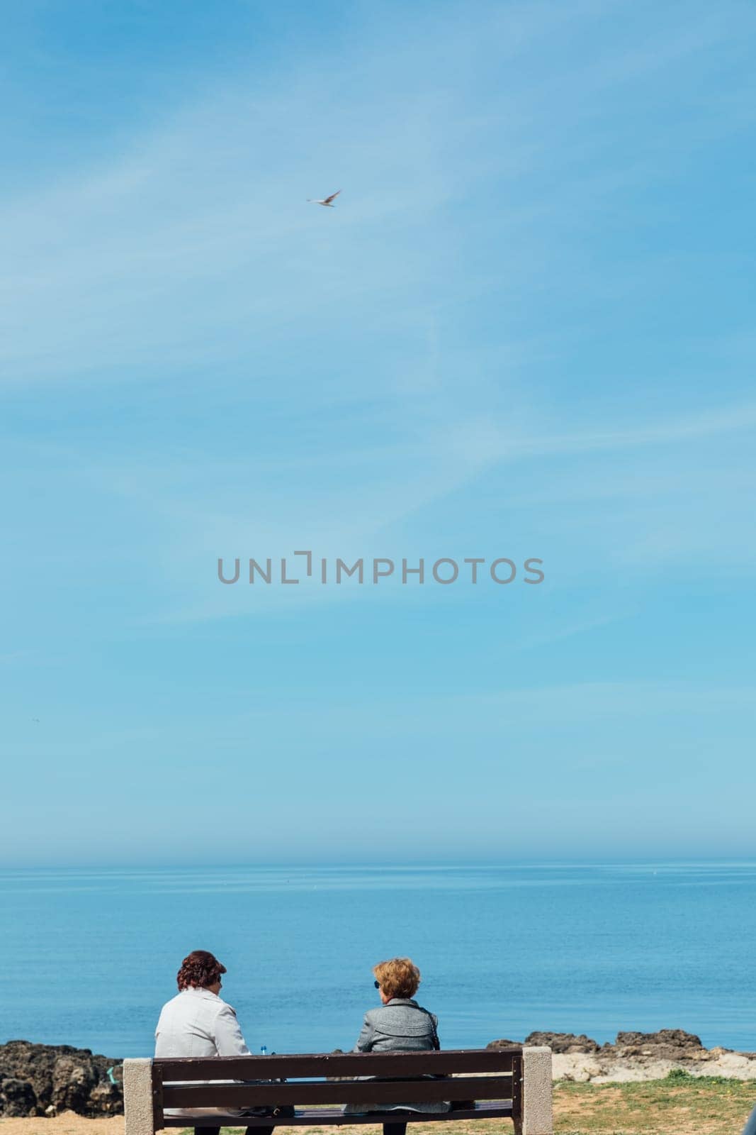 two women sitting on bench by the sea on the shore rest walk