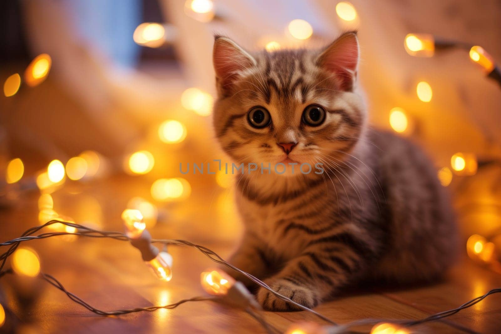 A cute little kitten sits surrounded by the enchanting glow of garland lights in a heartwarming Christmas atmosphere