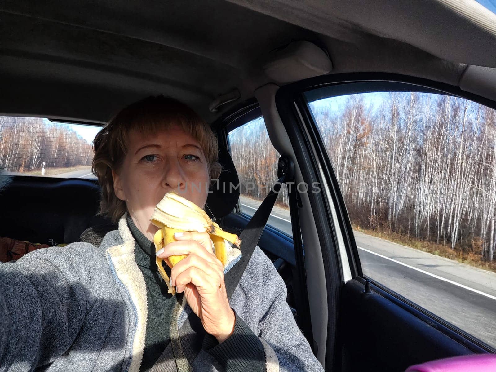 Portrait of female driver in solo journey. Adult mature middle aged woman holding steering wheel and banana. Eating while driving for to stay awake. Lady girl with food while travel or trip by car by keleny