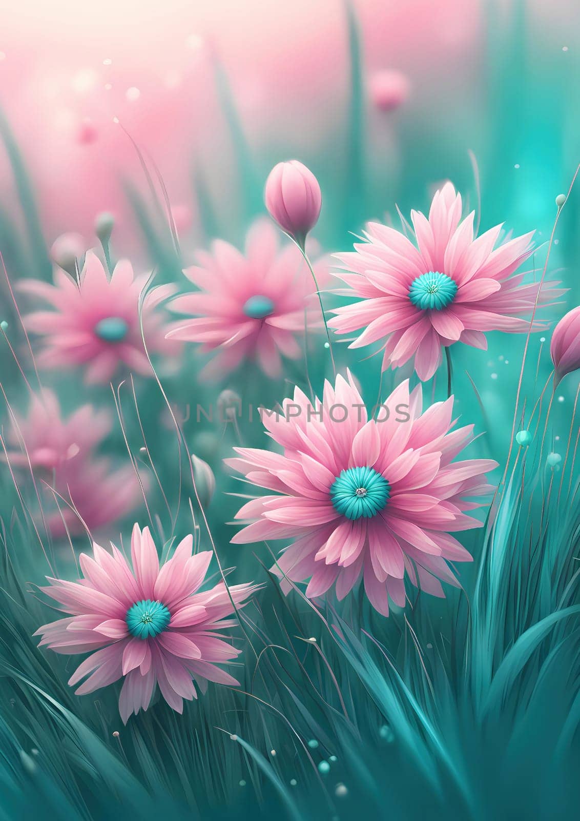 there are many pink flowers growing in the grass, beautiful exquisite art, teal, softly lit, depth of focus, radiating connection inside, soft pale tone, cute illustration, smoothly shaded by rostik924