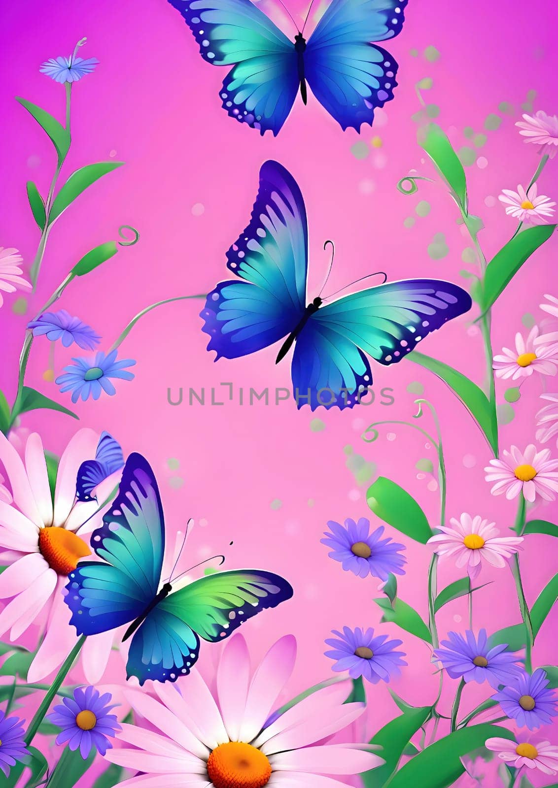 butterflies and flowers flying around pink background, daysies, purple and blue and green colors, beautiful , daisy, very beautiful illustration by rostik924