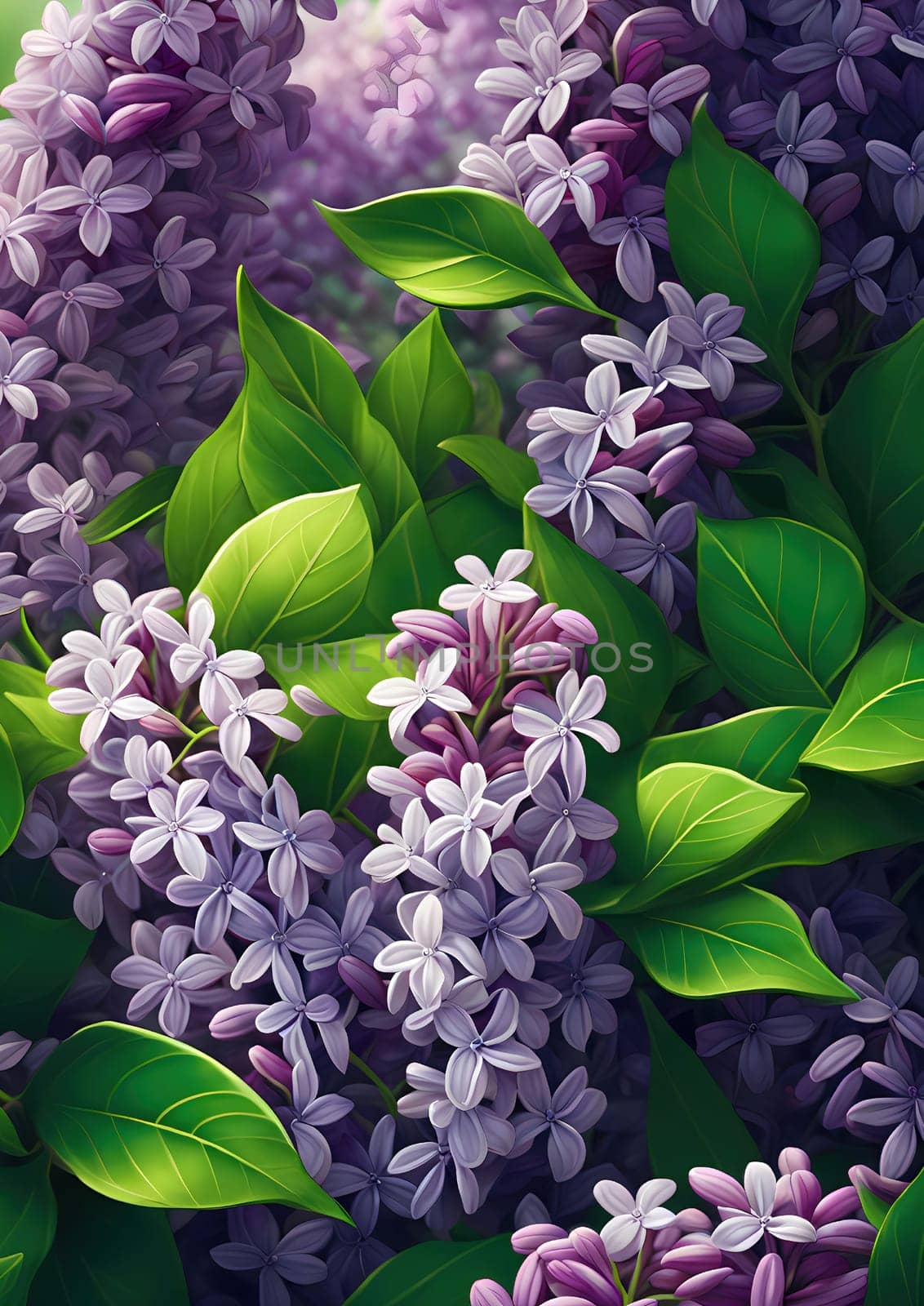 lilac flowers blooming in a field of green leaves, 8k, rich colors, as an offering to Zeus, beautiful wallpaper, Generate AI