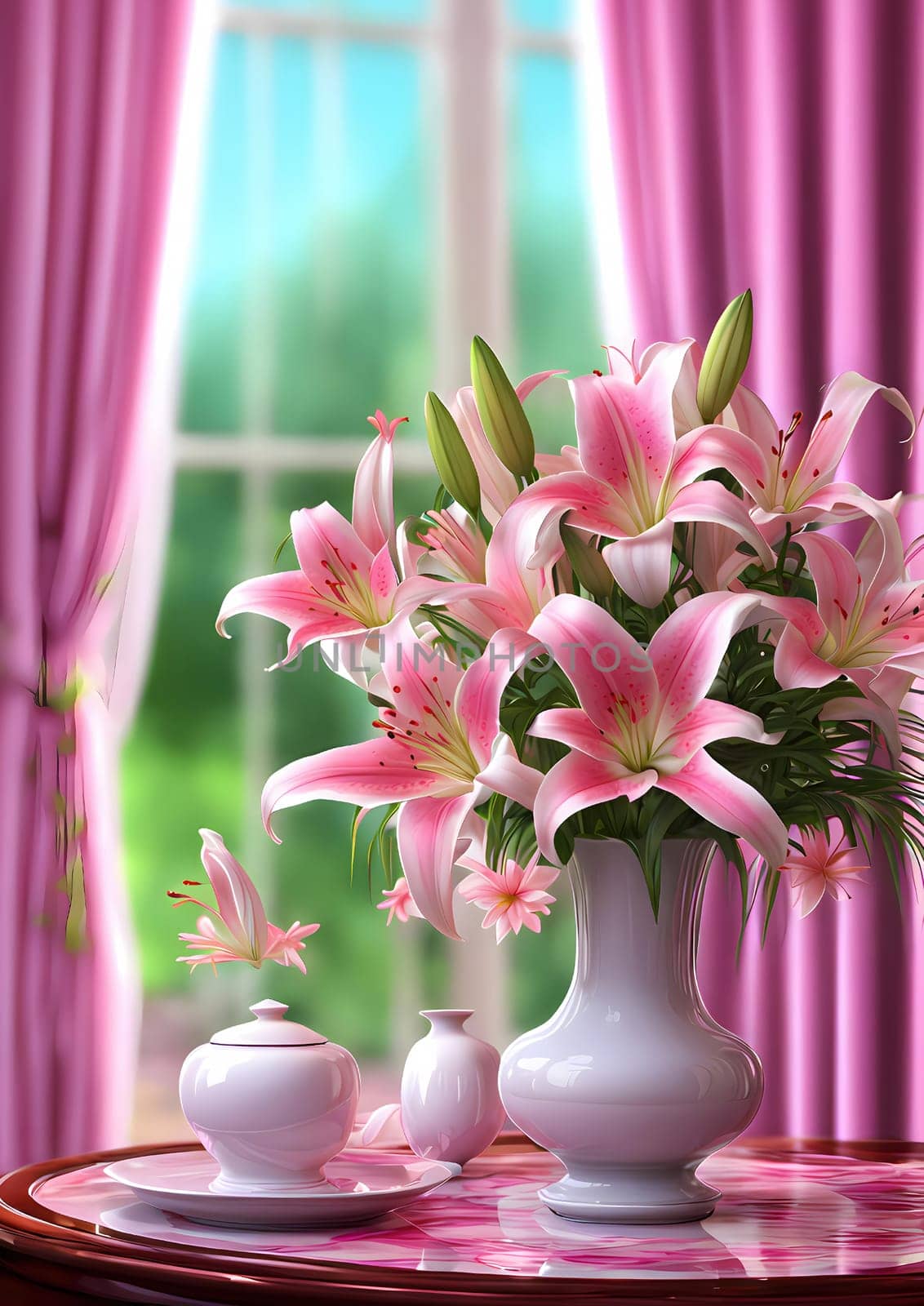 on the table is a vase with pink flowers, beautiful beautiful digital art, lilies, very extremely beautiful, beautiful curtains, soothing, Generate AI