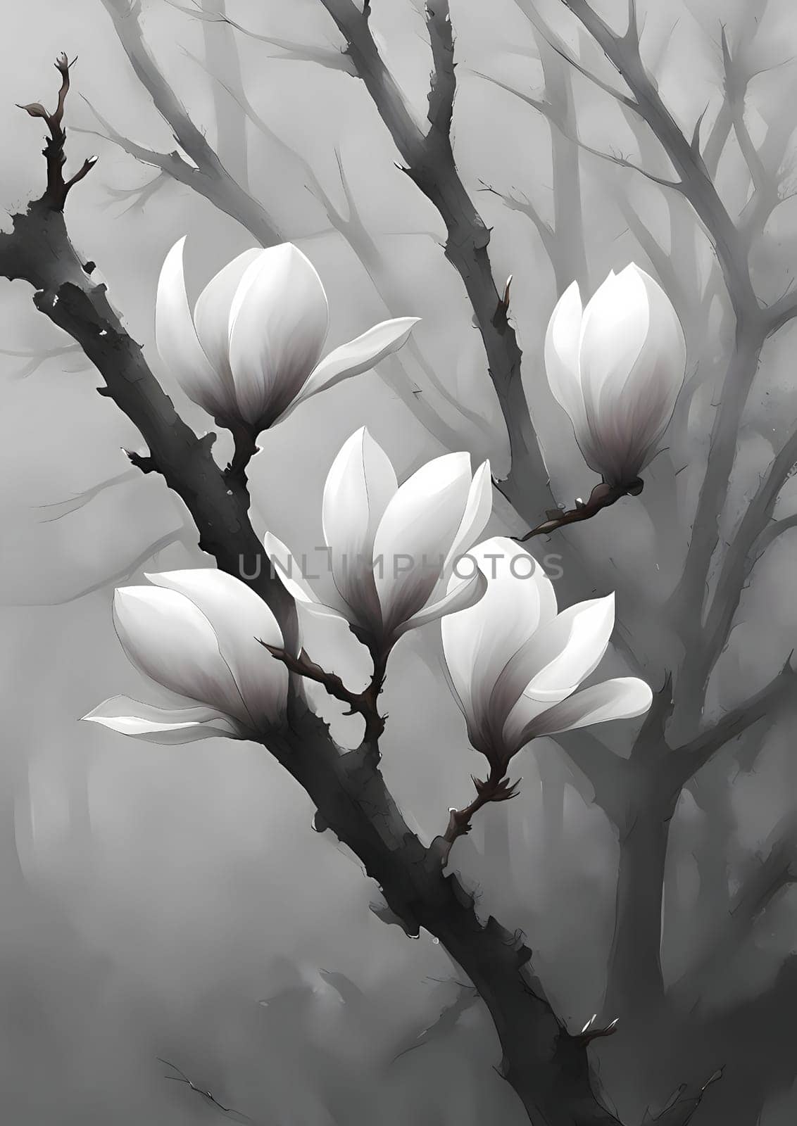 against the misty sky are white flowers on a branch, high detail, dark wood, march, magnolia stems, beautiful painting, blooming rhythm, beautiful shading, gray, aesthetic art, monochrome by rostik924