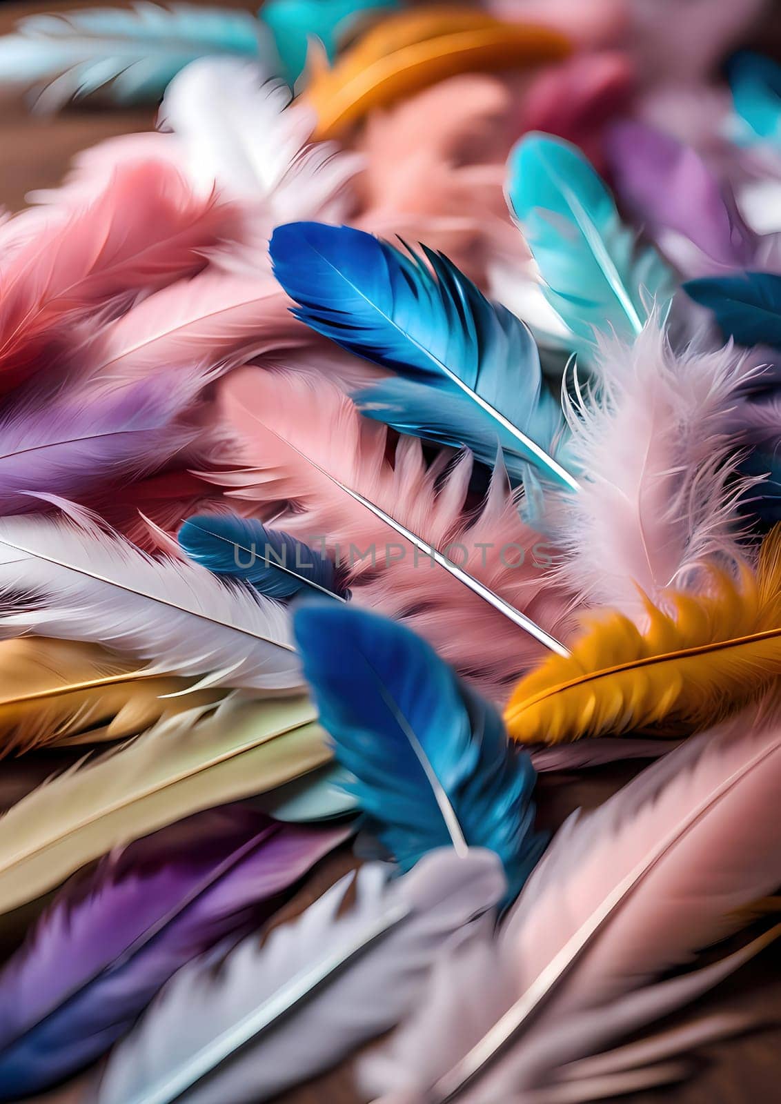 close-up of a pile of colorful feathers on a table, in pastel shades, hyperrealistic photography, smooth bevel, very beautiful furry art, beautiful singularities, hd image Generate AI