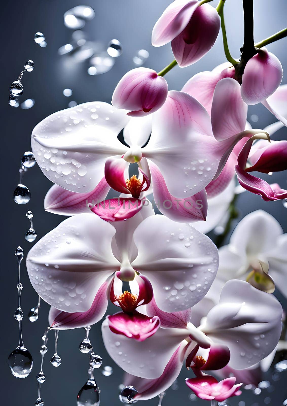close-up of a bouquet of orchid flowers, gray-blue background, floating liquid, extremely unique beauty, white orchids, there is one cherry, soft light dull mood, dazzling, dew, magnolia, by rostik924