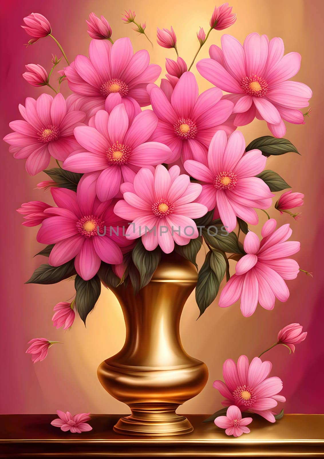 there are many pink flowers that are in the vase, beautiful gorgeous art, golden background, beautiful, extremely detailed beautiful, muted background, by rostik924