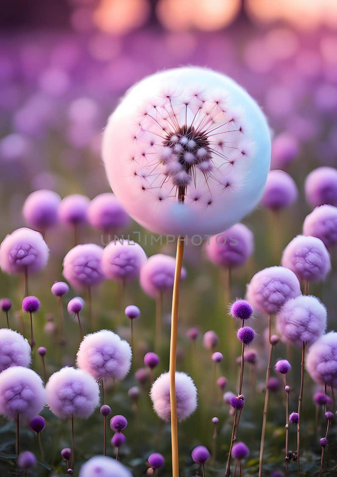 close-up of a bouquet of flowers in a field, cotton candy, magic wand, purple, sphere, cute beauty, very surreal garden, extremely detailed beautiful, tall tree, excellent quality, dandelion, Generate AI