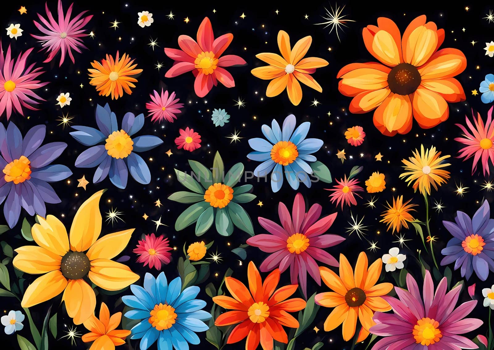 many colorful flowers on a black background, around the picture, in the center a view of the starry sky by rostik924
