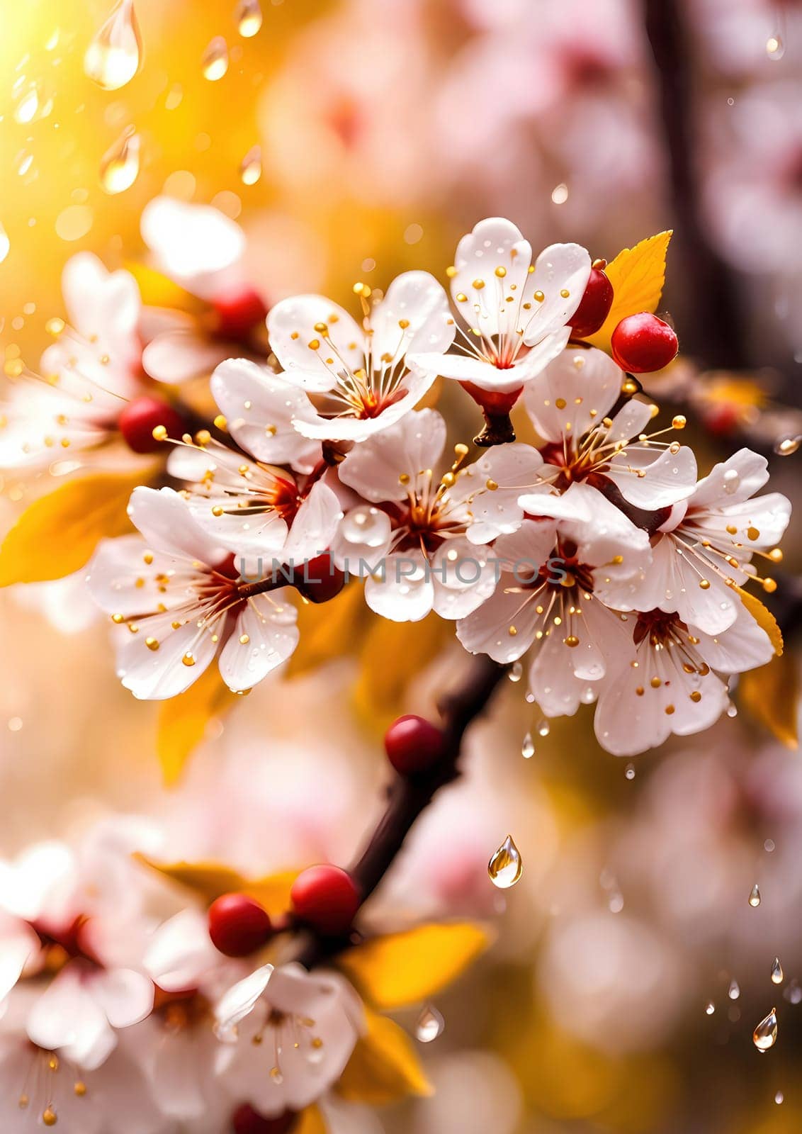 there are many drops of water on the flowers of the tree, beautiful wallpaper, golden motif, falling pedals of cherry blossom, sun.drops like yellow gems, in radiation connection, cherries, mists, Generate AI
