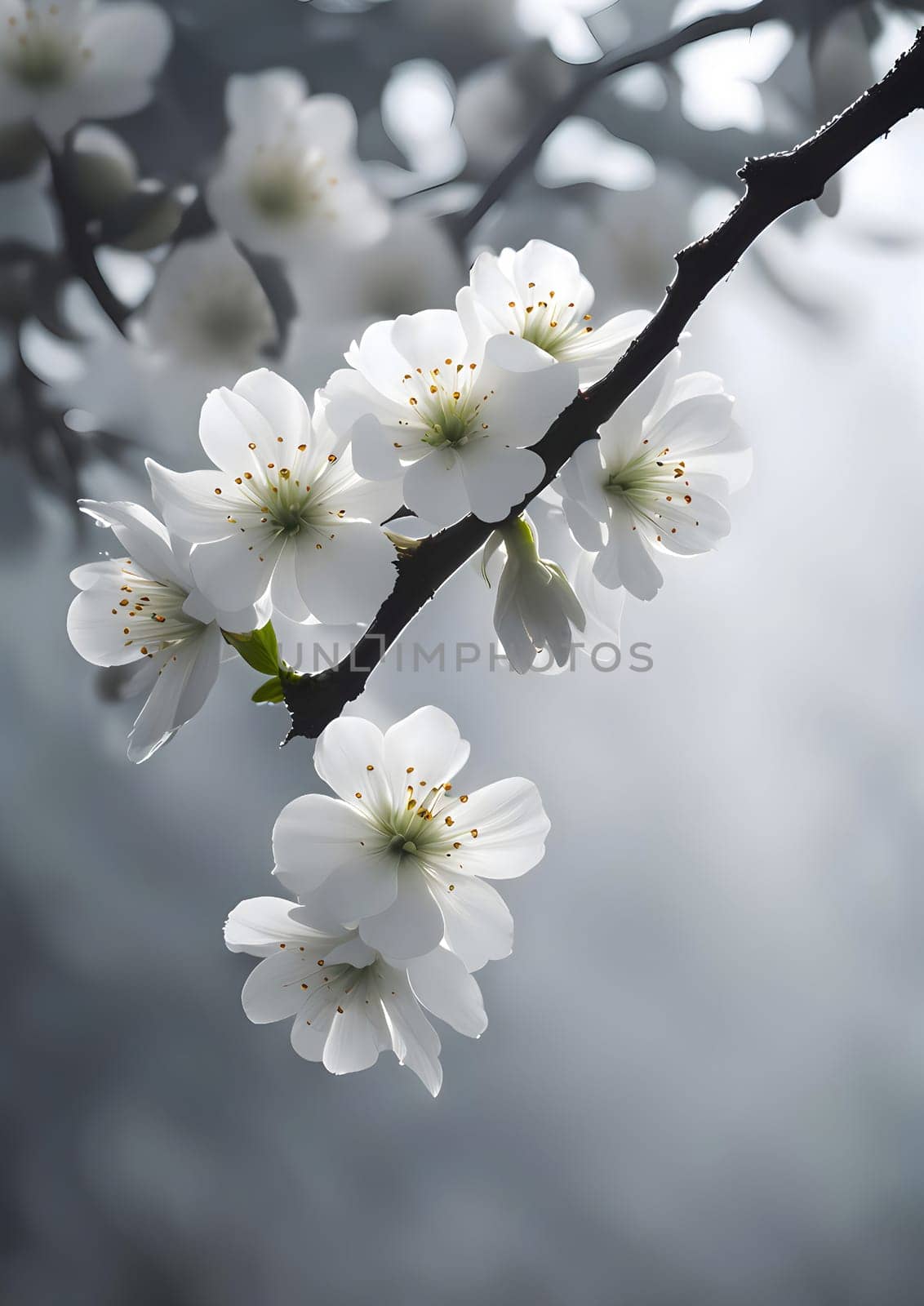 there are many white flowers on the branch of the tree in the fog, beautiful detail, with backlight, there is ugliness in beauty, gray background, high definition details, ultra photorealistic by rostik924