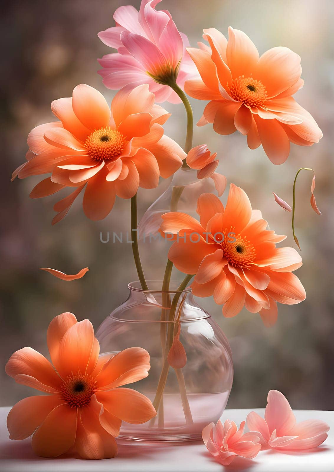 there are two orange flowers that are in a vase, soft shading of the image, pink petals are flying, large semi-transparent flowers, very very well detailed image, flowers, clean image, by rostik924