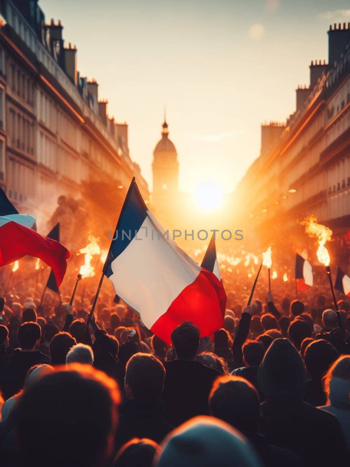 gigantic crowd thousands of people manifesting in Paris France for event celebration or social issues generative ai art