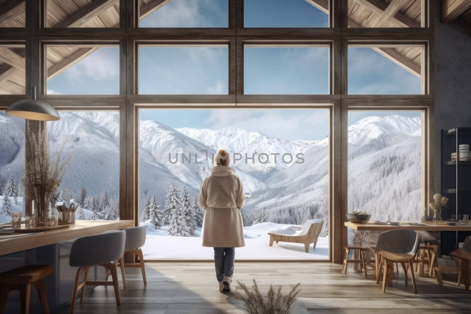 Traveler enjoying weekends inside contemporary barn house in the mountains. Happy tourist looking through panoramic windows in new cottage. comeliness