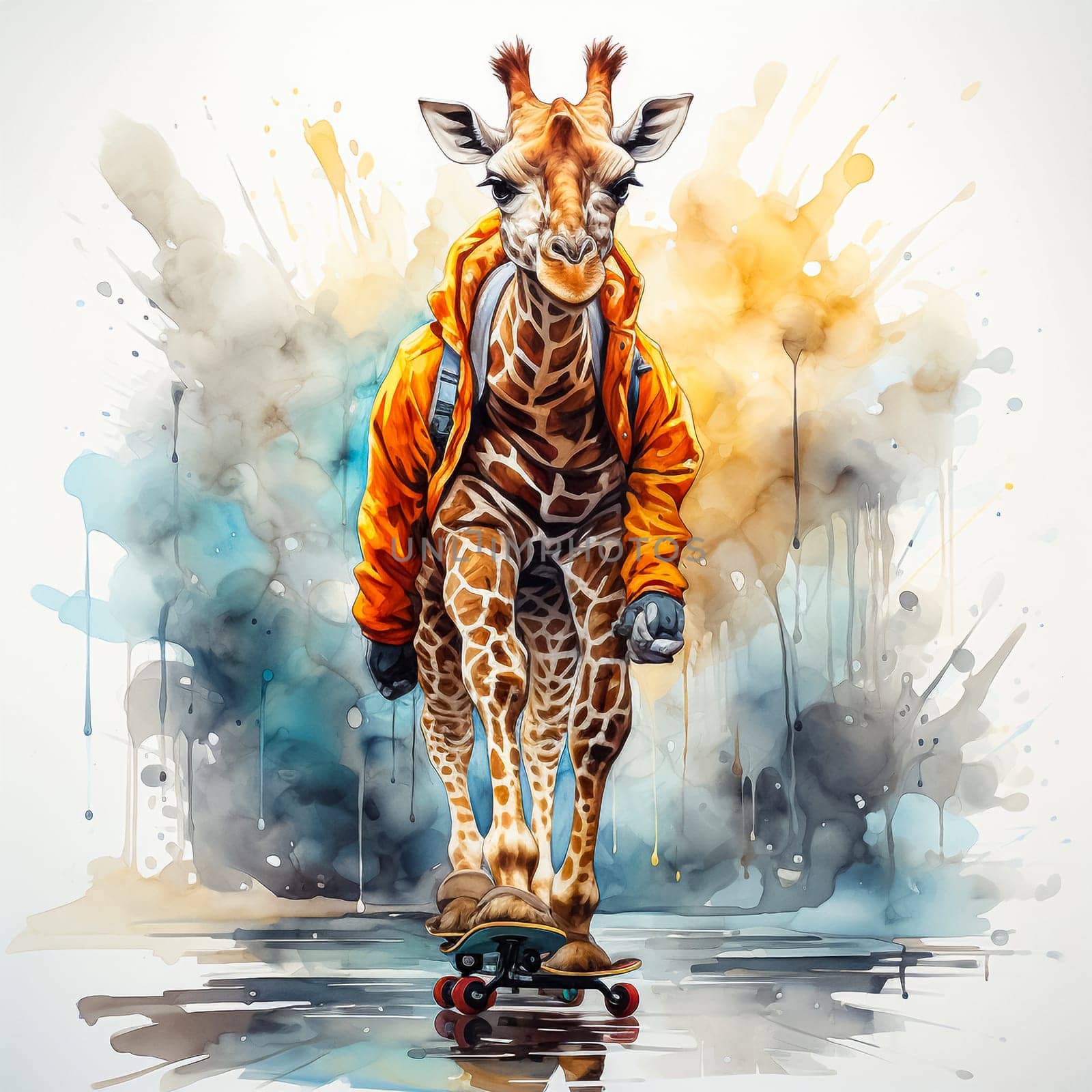 A watercolor illustration of a fashionable giraffe on a skateboard that combines whimsy with urban cool.